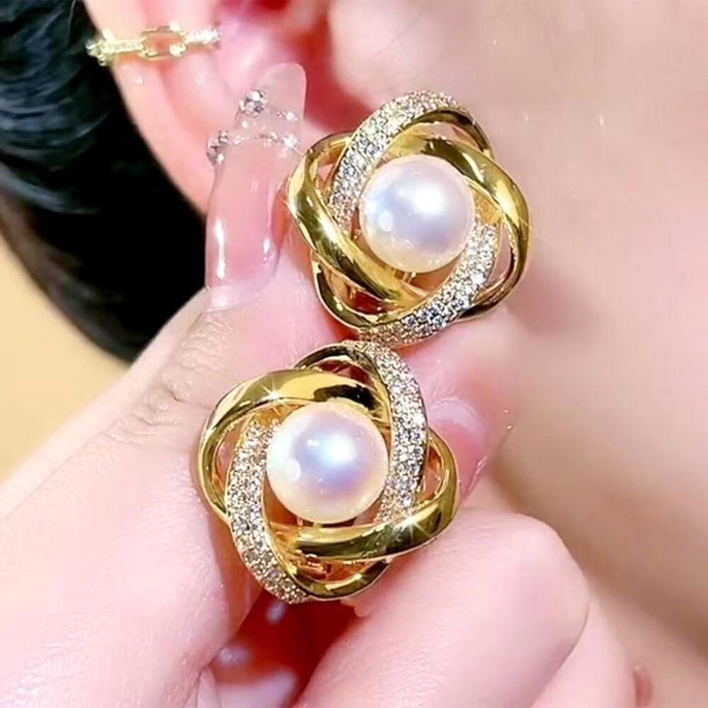 3/$35 Elegant Gold Pave Rhinestone Twist Flower Faux Pearl Stud Earrings Jewelry